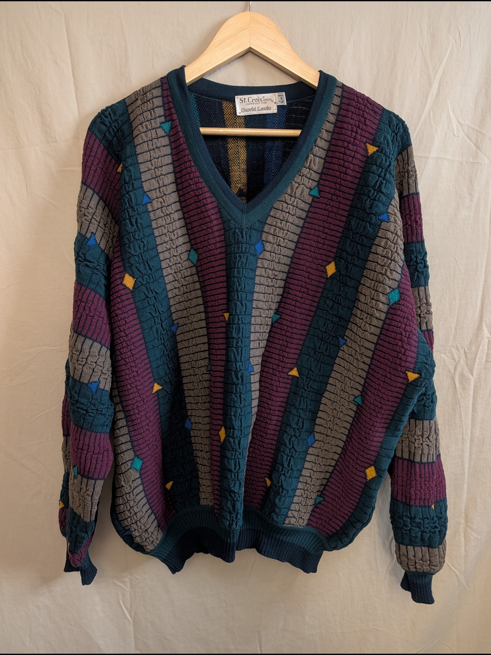 Vintage St. Croix x David Louis 3D Textured Wool V-Neck Sweater